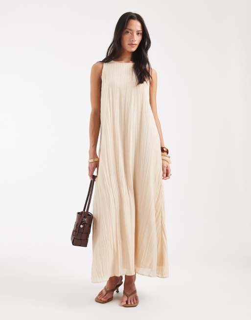 Object - Vestido largo color crema plisado de corte trapecio sin mangas de tejido rugoso