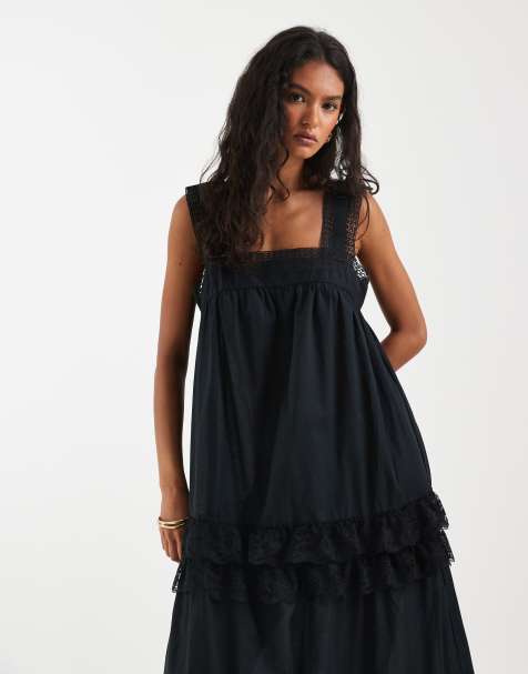 Object - Vestido largo negro escalonado de estilo boho con ribete de volantes de encaje premium - view 1