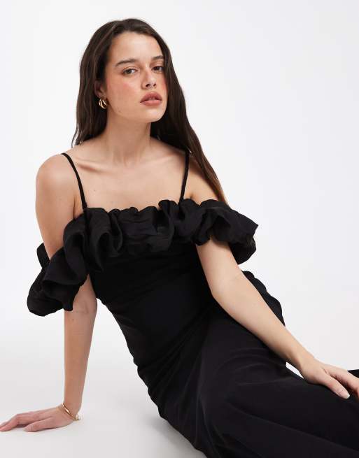 Object - Vestido largo negro pastel con escote Bardot y ribete de volantes de satén, 2 de 4