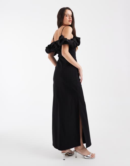 Object - Vestido largo negro pastel con escote Bardot y ribete de volantes de satén, 3 de 4