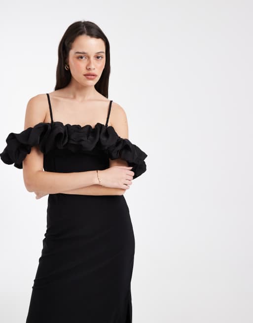 Object - Vestido largo negro pastel con escote Bardot y ribete de volantes de satén, 4 de 4