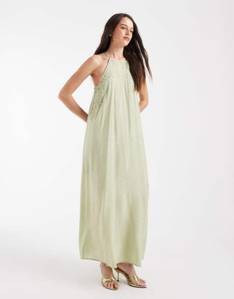 Object - Vestido largo verde salvia con cuello halter y bordados de tejido texturizado - view 1
