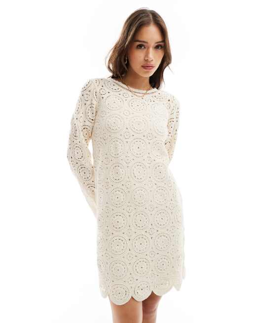 Object - Vestito corto in pizzo color crema con orlo smerlato