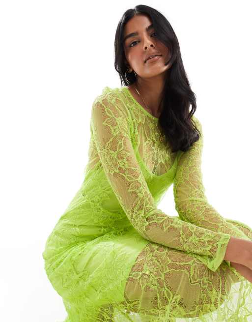 Object - Vestito lungo a maniche lunghe in pizzo trasparente verde lime, 2 di 4