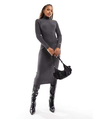 Object high neck ribbed knit bodycon midi dress with metallic shimmer in grey - ASOS Price Checker