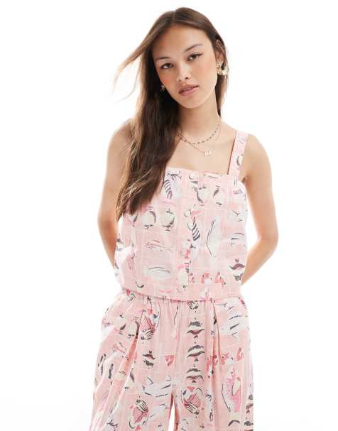 Object vintage wash cotton cropped top co-ord in pink fish print - view 1