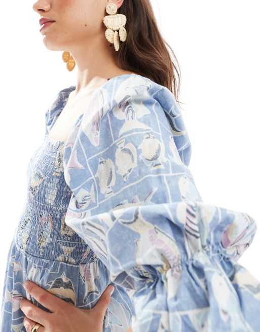 Object vintage wash fish print smock midi dress in blue | ASOS
