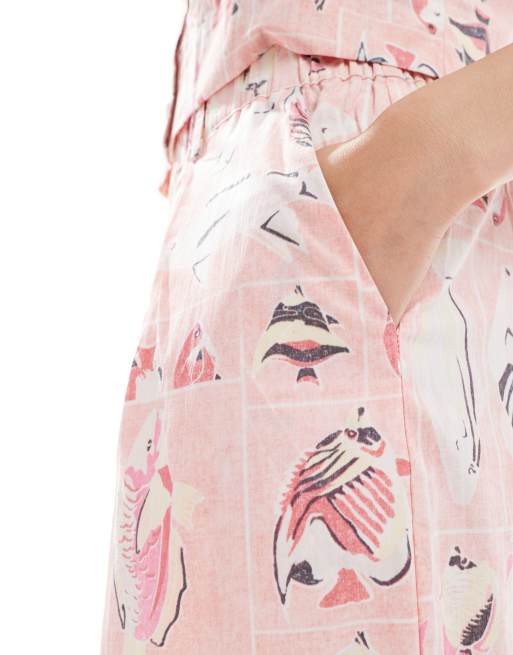 Object vintage wash wide leg cotton pants in pink fish print - part of a set, 2 of 5