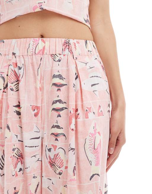 Object vintage wash wide leg cotton pants in pink fish print - part of a set, 3 of 5