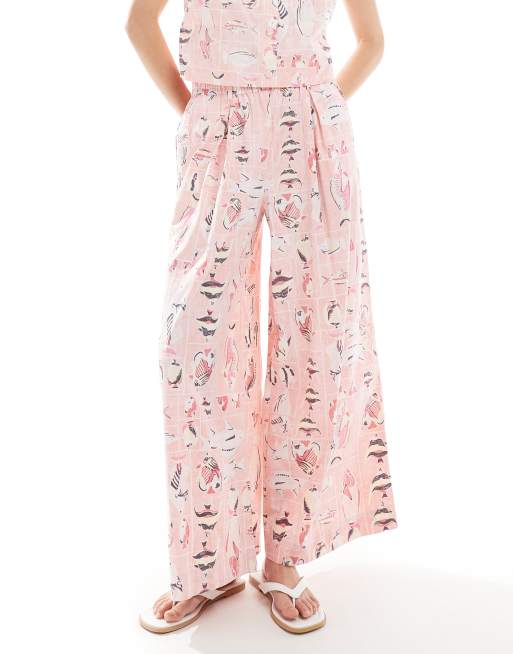 Object vintage wash wide leg cotton pants in pink fish print - part of a set, 4 of 5