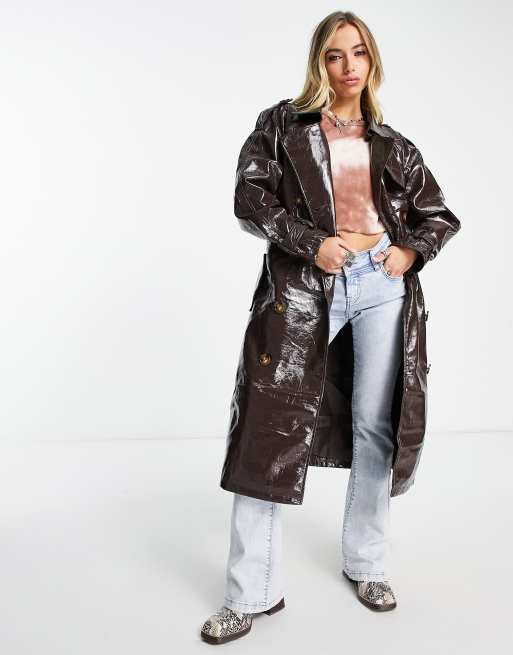 Object vinyl trench coat in brown | ASOS