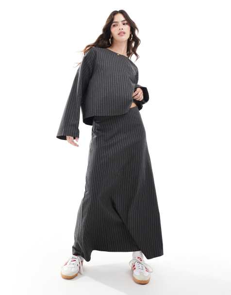 Object volume midi skirt and long sleeved top set in grey pinstripe - view 1