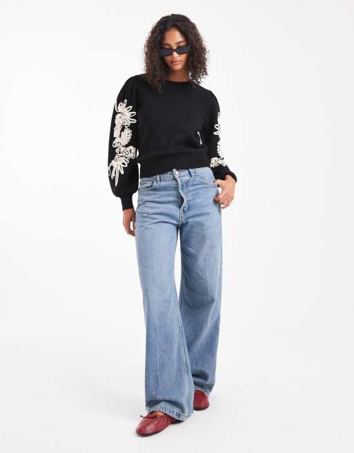 Object volume sleeve jumper with floral applique detail in black, 2 of 4