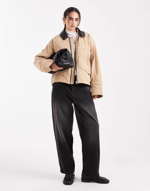 Object water repellent lightly padded barn jacket with faux leather collar in beige , 3 of 4