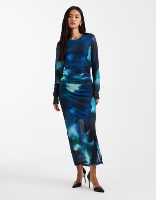 Object Object watercolour print maxi dress with ruched waist in blue tones