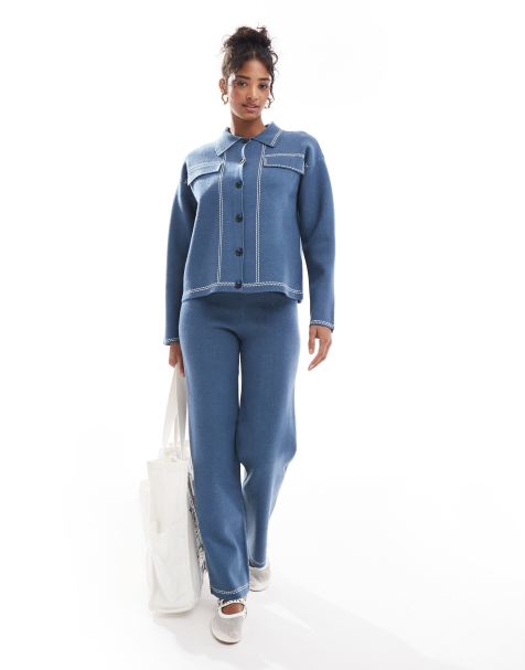 Object western style knitted shirt & trouser co-ord in blue - view 1