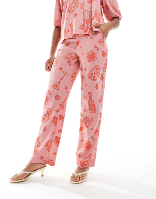 Object wide high waisted pants in rose pink sketch print - part of a set, 2 of 5