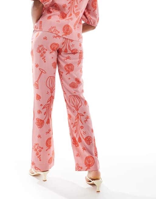 Object wide high waisted pants in rose pink sketch print - part of a set, 3 of 5