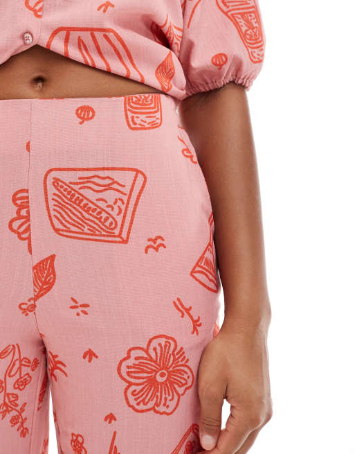 Object wide high waisted pants in rose pink sketch print - part of a set, 4 of 5