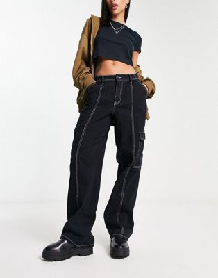 Object wide leg cargo jeans in black with contrast stitching
