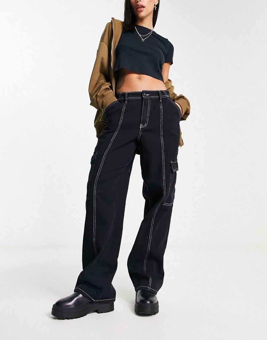 object wide leg cargo jeans in black with contrast stitching