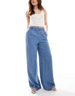 wide leg chambray pants in light blue denim