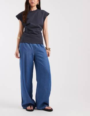 Object wide leg chambray pants in medium blue denim medium blue denim
