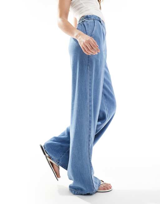 Object wide leg chambray trousers in light blue denim, 5 of 5