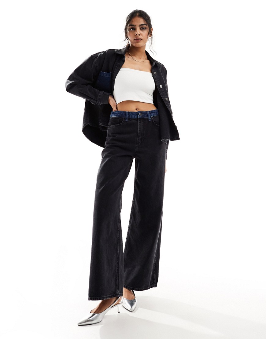 Object wide leg jean co-ord with contrast waistband in washed black