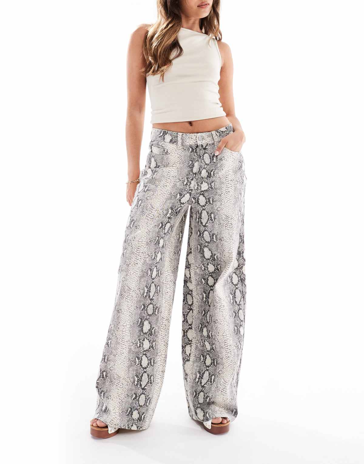 Object wide leg jeans in neutral snake print