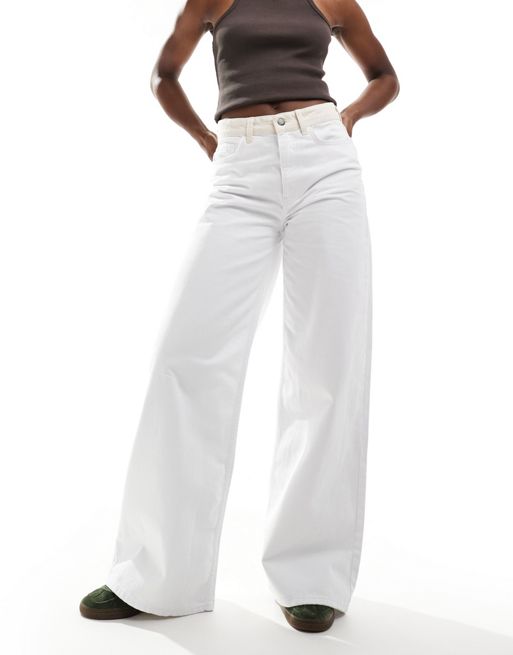 Object wide leg jeans with contrast waistband in off white