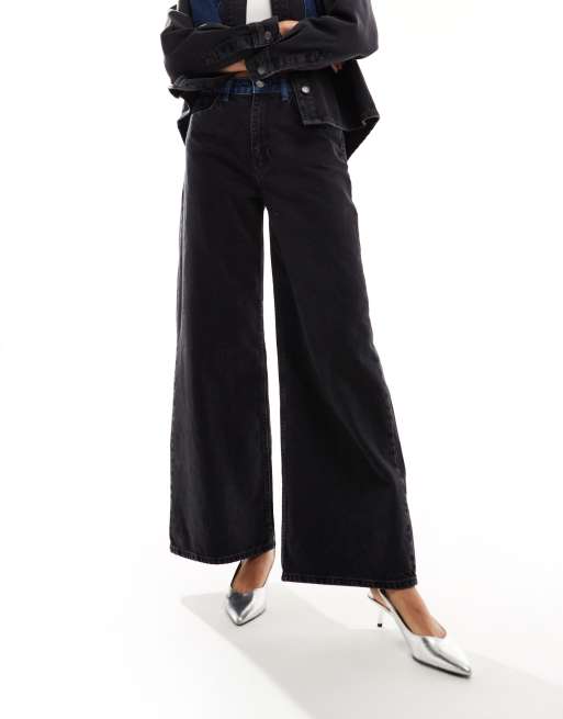 Object wide leg jeans with contrast waistband in washed black (part of a set), 3 of 5
