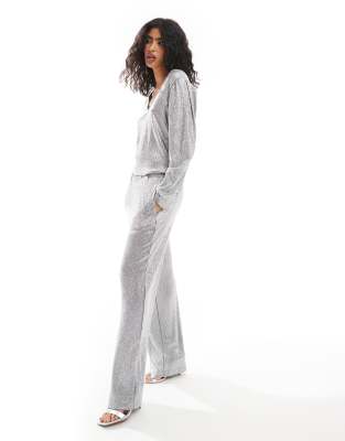 wide leg pants with elasticated waist in silver - part of a set
