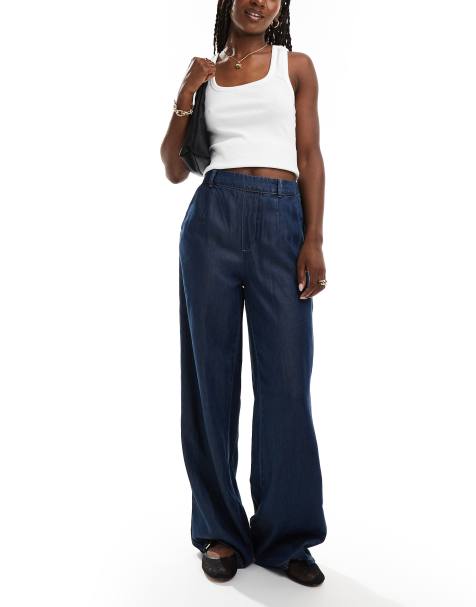 Object wide leg pull on trouser in blue denim