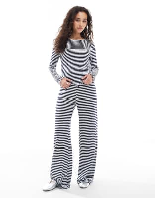 wide leg ribbed jersey pants in navy stripe - part of a set-Multi