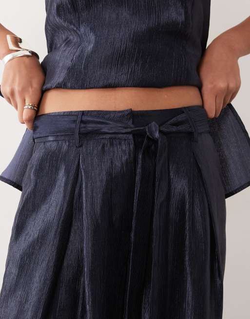 Object wide leg satin trouser with tie belt co-ord in navy blue, 2 of 5