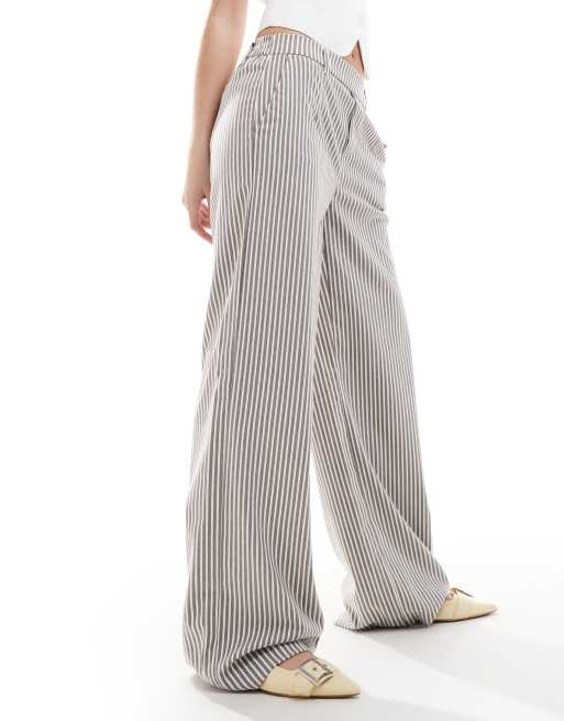 Object wide leg tailored pants in brown and white stripe, 3 of 5