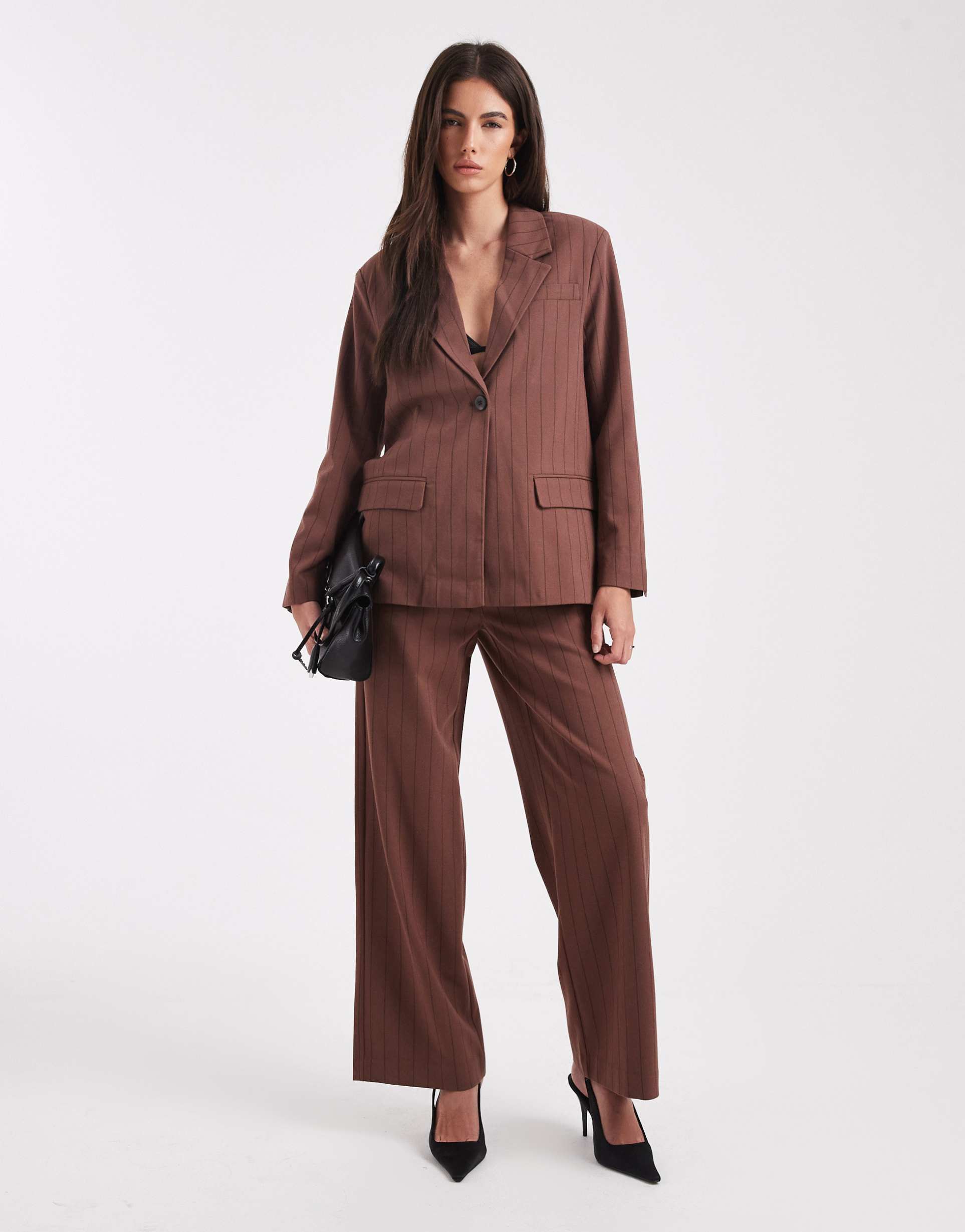 object wide leg tailored pants in chocolate pinstripe - part of a set
