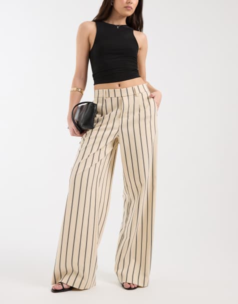 Object wide leg tailored pants in cream and black stripe - view 1