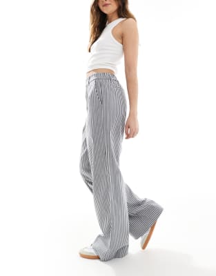 wide leg tailored pants in navy and white stripe