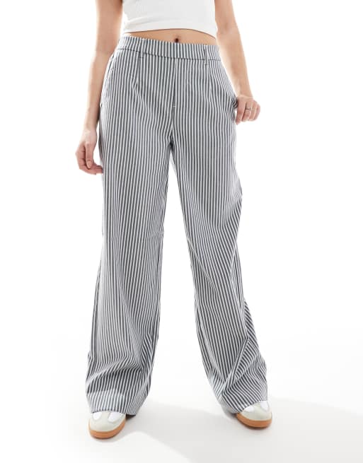 Object wide leg tailored trousers in navy and white stripe