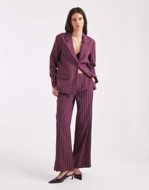 Object wide leg tailored trouer co-ord in burgundy pinstripe - view 1