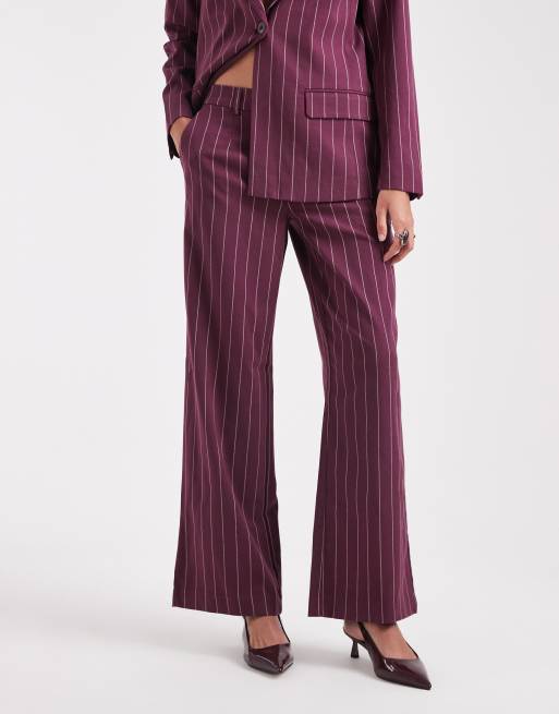 Object wide leg tailored trouer co-ord in burgundy pinstripe, 2 of 5