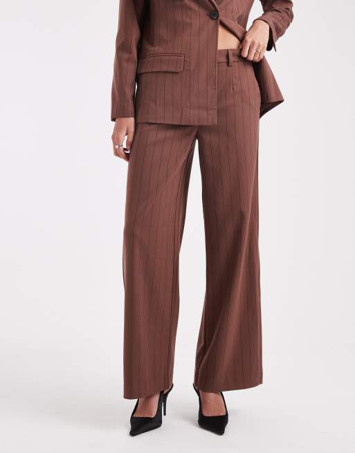 Object wide leg tailored trouer co-ord in chocolate pinstripe, 2 of 5