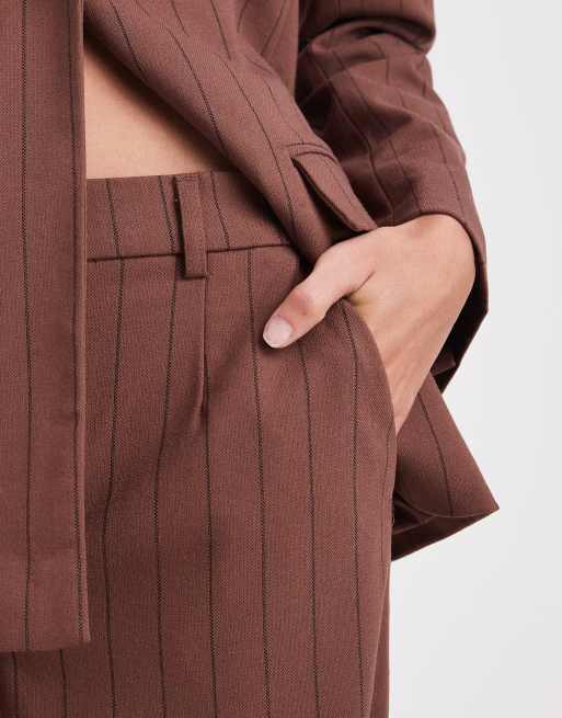 Object wide leg tailored trouer co-ord in chocolate pinstripe, 5 of 5
