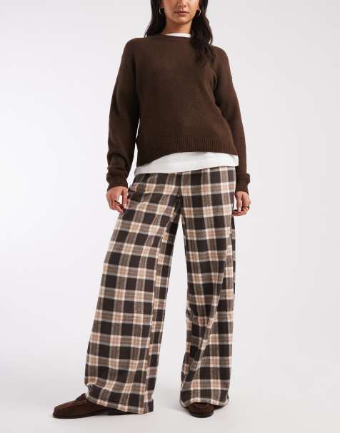 Object wide leg textured check pants in brown - view 1