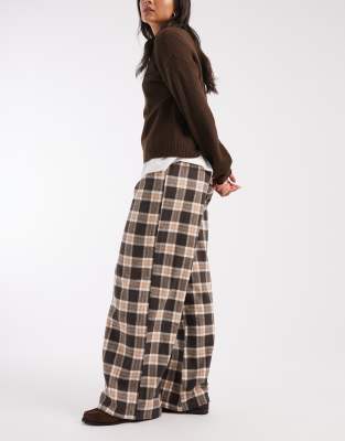Object Wide Leg Textured Plaid Pants In Brown