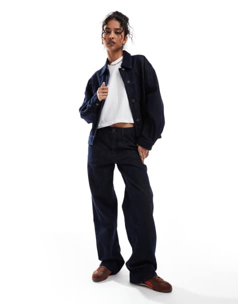 Object wide leg turn up jeans with stripe detail in dark blue denim - part of a set - view 1