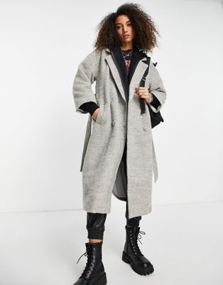 Object wool mix herringbone wrap coat in grey