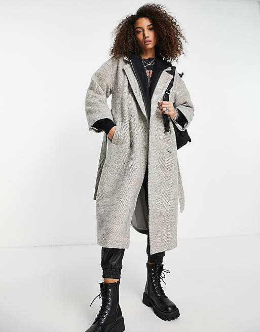Object wool mix herringbone wrap coat in grey | ASOS